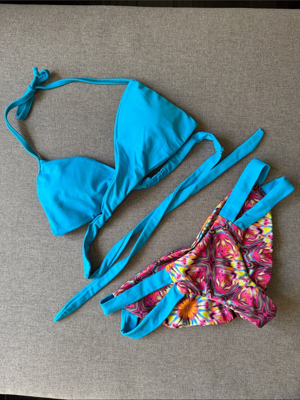 Turquoise Halter Bikini Set with Vibrant Multicolor Printed Bottoms